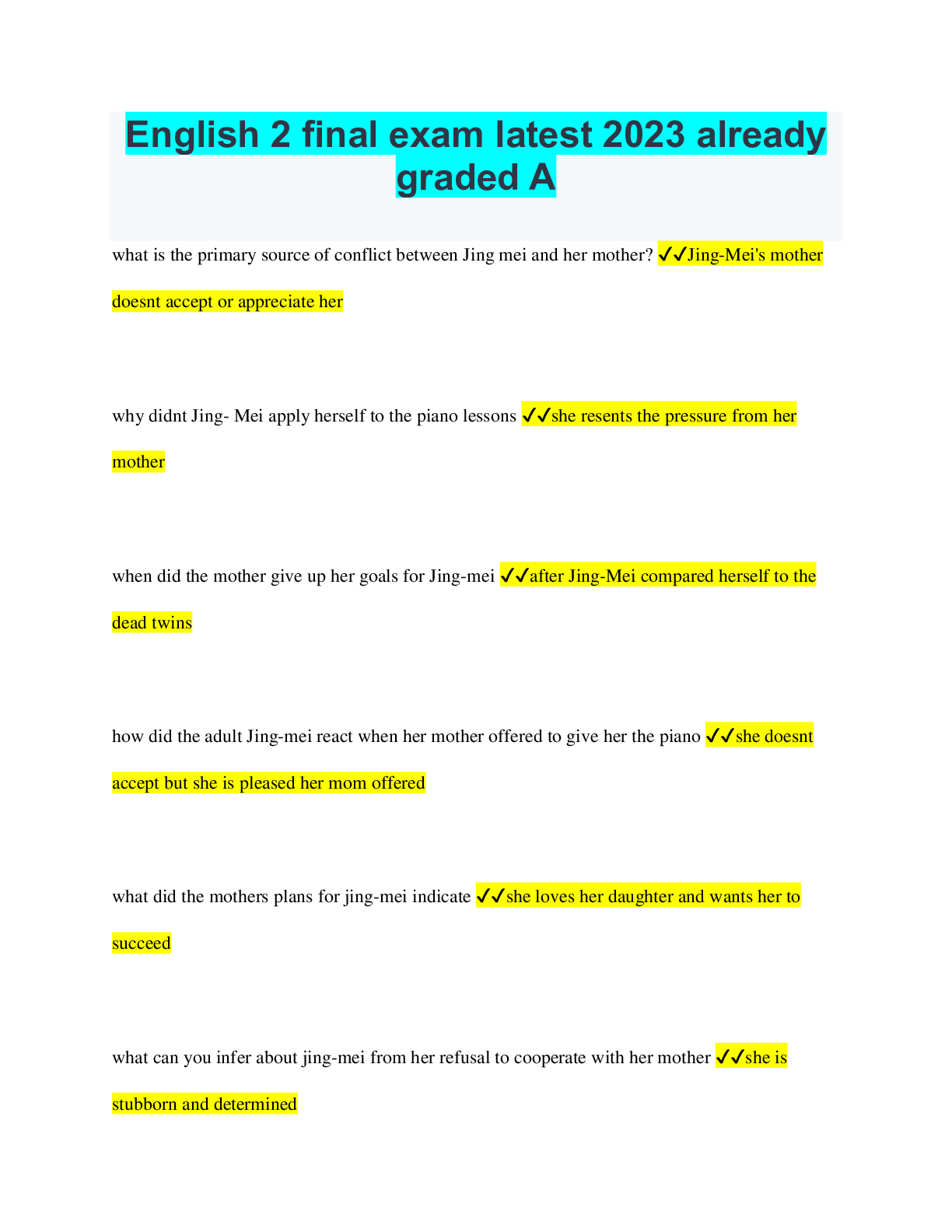 Recommended document preview for English 2 final exam latest 2023 already graded A